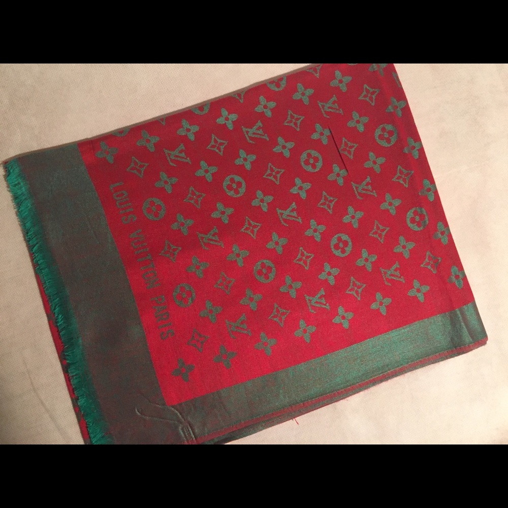 LV Pashmina Shawl Scarf, Fuchsia/Red/Golden Blue